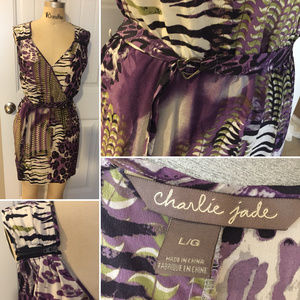 Purple and green faux wrap dress